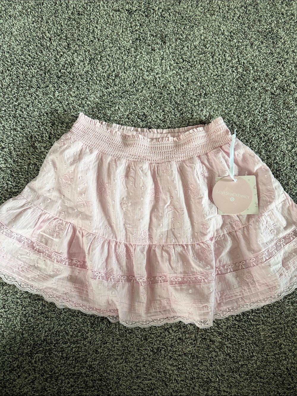 LoveShackFancy Pastel Pink Eyelet Tiered Mini Skirt